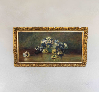 19TH CENTURY ORIGINAL FLORAL PANSIES STILL LIFE OIL PAINTING