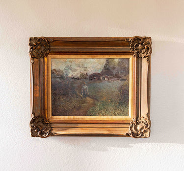 Signed Antique Farm Landscape Oil Painting in Carved Gilt Frame, France, c. 1880–1920