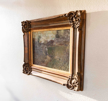 Signed Antique Farm Landscape Oil Painting in Carved Gilt Frame, France, c. 1880–1920
