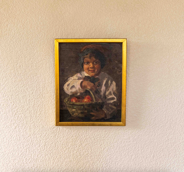 Vintage European Boy with a Basket of Apples Oil Painting, 20th Century