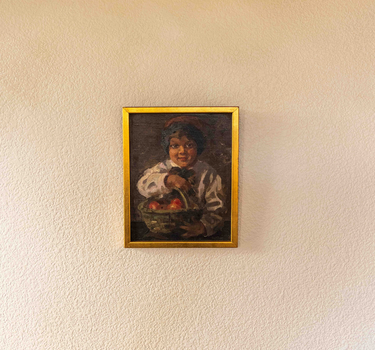 Vintage European Boy with a Basket of Apples Oil Painting, 20th Century