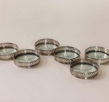 Antique John Hasselbring Sterling Silver & Cut Crystal Coasters Set of 6, Early 20th Century Cocktail Coasters