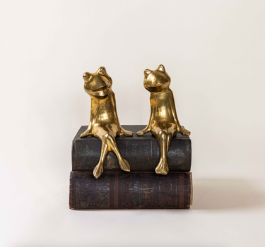 Mid-Century Large Gold Solid Brass Sitting Frogs, A Pair