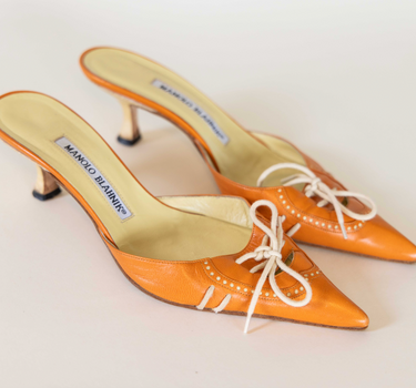 Manolo Blahnik Orange Lace Up Kitten Mule Heels IT 36.5