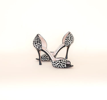 Manolo Blahnik Pony Hair D’Orsay Heels — Black & Ivory Spotted Peep Toe Pumps