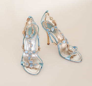 René Caovilla Crystal Embellished Heels — Blue & Gold Jeweled Slingback Sandals