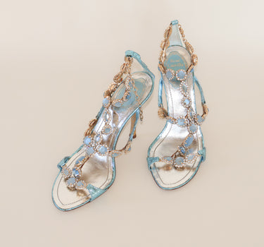 René Caovilla Crystal Embellished Heels — Blue & Gold Jeweled Slingback Sandals