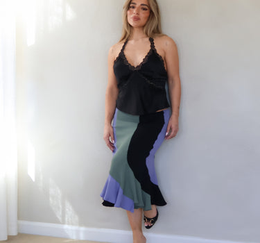 Yves Saint Laurent Rive Gauche Silk Colorblock Bias Skirt — Olive, Lavender & Noir