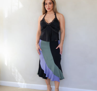 Yves Saint Laurent Rive Gauche Silk Colorblock Bias Skirt — Olive, Lavender & Noir